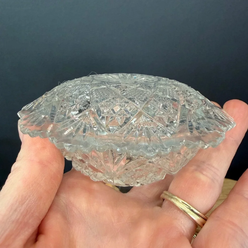 Vintage Miniature Clear Pressed Glass Covered Butter Pat Dish Diamond & Sunburst